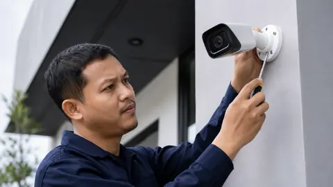 Teknisi Mentari memasang kamera CCTV profesional