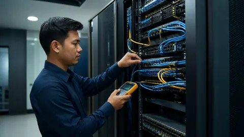 Teknisi Mentari menata dan menguji jaringan pada server rack