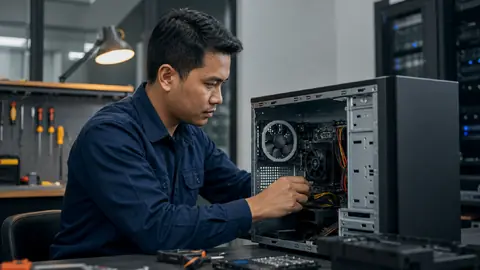 Teknisi Mentari memeriksa komputer di service center